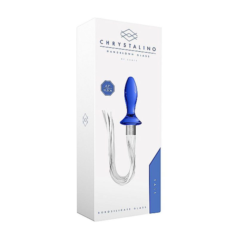 CHR020BLU TAIL – BLUE PLUG ANALE IN VETRO BOROSILICATO BLU CON FRUSTA IN FINTA PELLE BIANCA