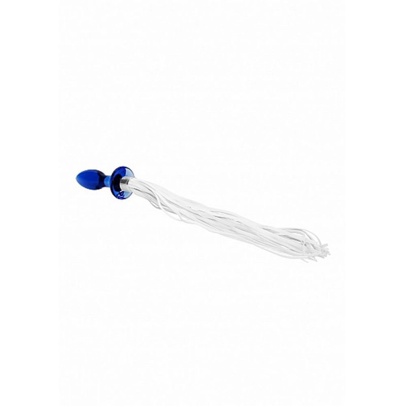 CHR020BLU TAIL – BLUE PLUG ANALE IN VETRO BOROSILICATO BLU CON FRUSTA IN FINTA PELLE BIANCA