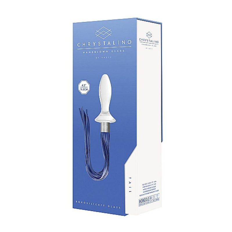 CHR020WHT TAIL – WHITE PLUG ANALE IN VETRO BOROSILICATO BIANCO CON FRUSTA IN FINTA PELLE BLU