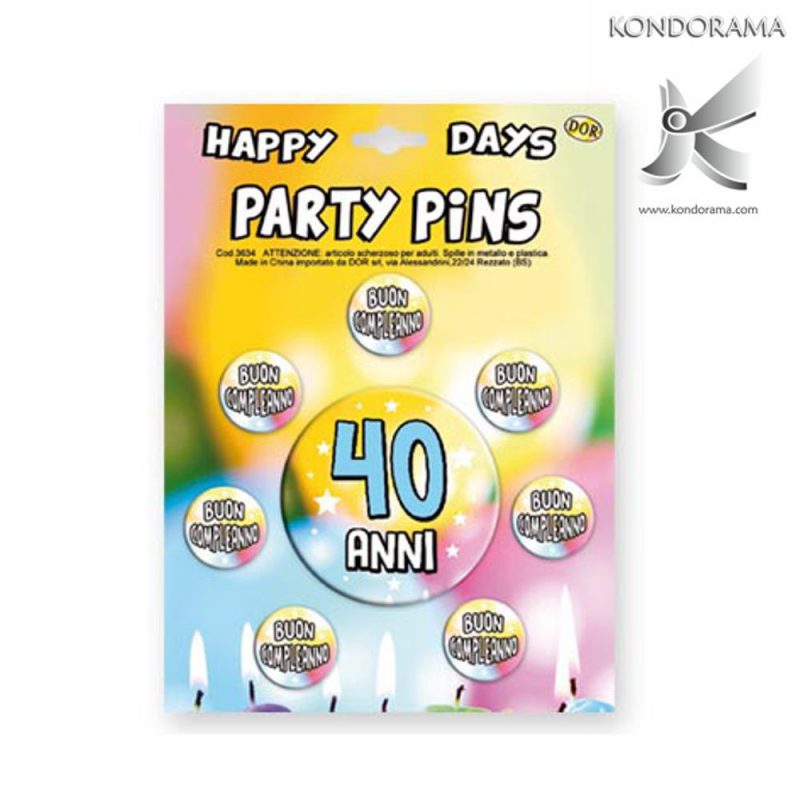 3634-04 SET SPILLE "PARTY PINS" 40 ANNI COMPLEANNO