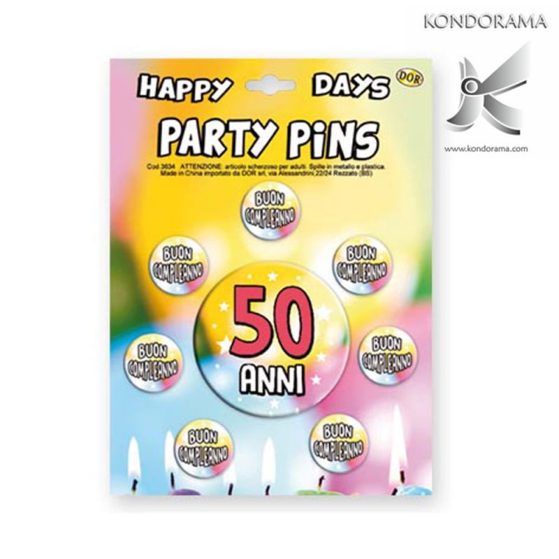 3634-05 SET SPILLE "PARTY PINS" 50 ANNI COMPLEANNO