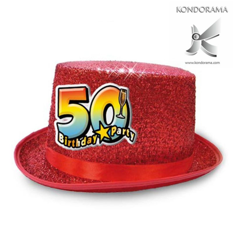 2734-04 CAPPELLO CILINDRO GLITTER ROSSO CON APPLICAZIONE RESINATA &ldquo;50 ANNI BIRTHDAY PARTY&rdquo; BUON COMPLEANNO