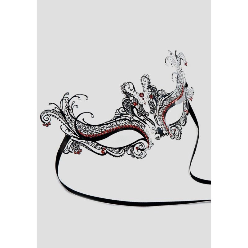 00732-1 MASCHERA METALLO ARGENTO STRASS ROSSI