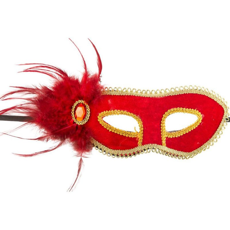 00760-1 MASCHERA ROSSA IN PLASTICA RIGIDA C/VELLUTO, PIUME E GEMMA