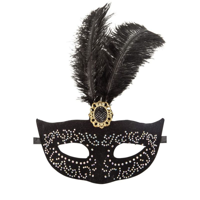 00762-1 MASCHERA IN PLASTICA RIGIDA C/O VELLUTO NERO, DECORAZIONI ARGENTO, GEMMA E PIUME