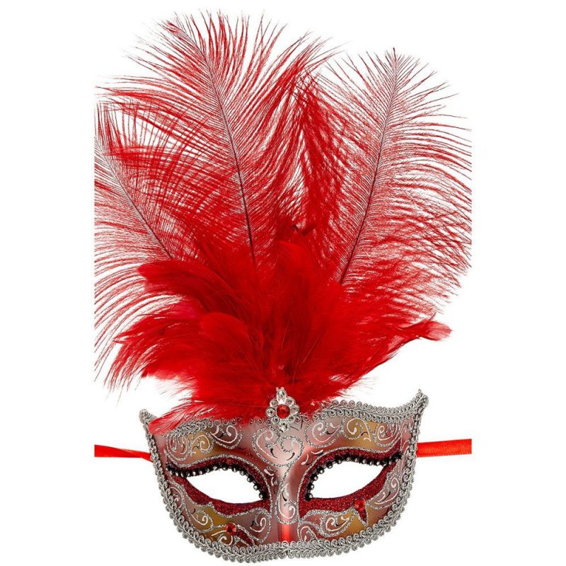 01336-1 MASCHERA IN PLASTICA C/GLITTER ROSSI E ARGENTO, GEMMA E PIUME