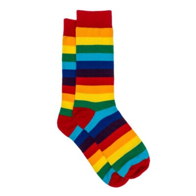 Un paio di calzini Orgoglio Gay Pride arcobaleno multicolore taglia unica in cotone con lattina di alluminio a tema LGBTQ+