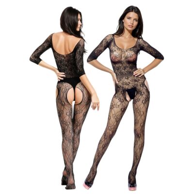 SOFTLINE tutina catsuit elasticizzata bodystocking nero con motivo floreale taglia unica S-L